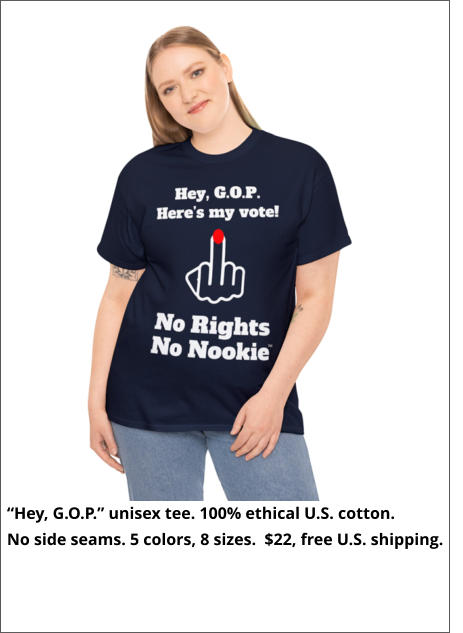 “Hey, G.O.P.” unisex tee. 100% ethical U.S. cotton.  No side seams. 5 colors, 8 sizes.  $22, free U.S. shipping.